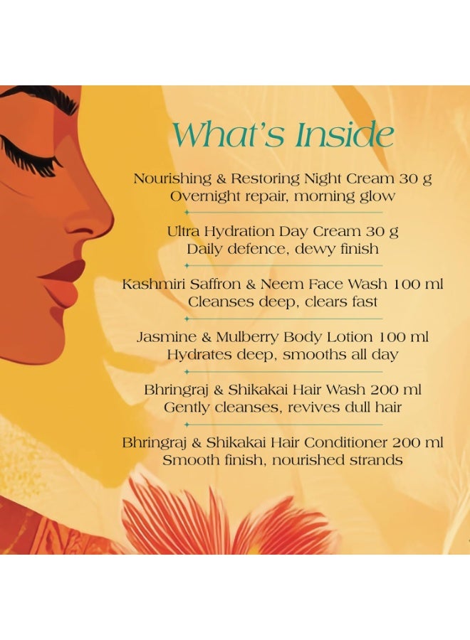 Ashpveda IIFA Exclusive Head to Toe Care Gift Set | Ayurvedic Face, Body & Hair Care Ritual Kit jasmine and mulberry body lotion 100ml, Kashmiri Saffron & Neem Face Wash 100ml, radiance cream 30g, night cream 30g, hair conditioner 200ml, hair wash 200ml - Image 2