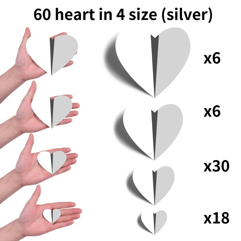 YOTNUS 60 Pcs Silver Heart Stickers Wall Decals  3D Heart Wall Stickers  Waterproof Wall Decals  for Wedding Birthday Party Bedroom Home Office School Decor  4 Different Sizes (Silver) - Image 2