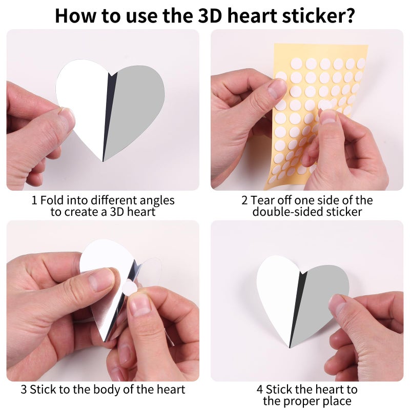 YOTNUS 60 Pcs Silver Heart Stickers Wall Decals  3D Heart Wall Stickers  Waterproof Wall Decals  for Wedding Birthday Party Bedroom Home Office School Decor  4 Different Sizes (Silver) - Image 3