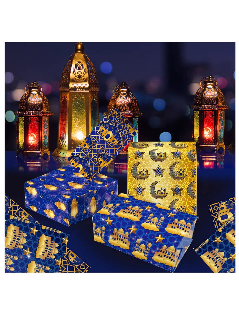 10 ورقات من ورق تغليف هدايا عيد مبارك بنمط فانوس قمر ونجمة، لوازم حفلات رمضان كريم، 68.5×50.8 سم - Image 4