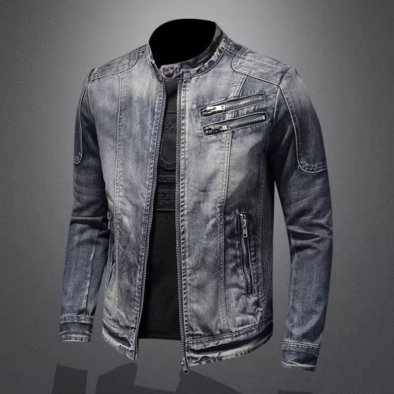 Generic Marvel Venom Mens Denim Jacket European and American Casual Retro Large Size Stand Collar Zipper Jacket Cycling Motorcycle Suit Trendy Retro blue