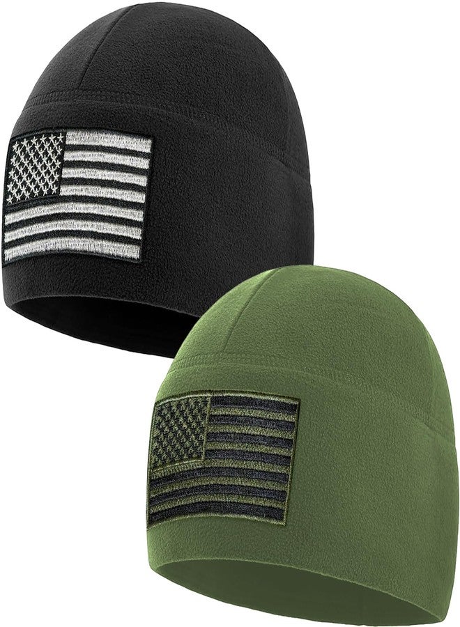 Temple Tape Tactical Beanie Hat - American Flag Fleece Winter Watch Cap - Multi Season Military Hats for Men - Mens Army Beanies - 2 Pack Includes Black & Od Green - One Size - Image 1