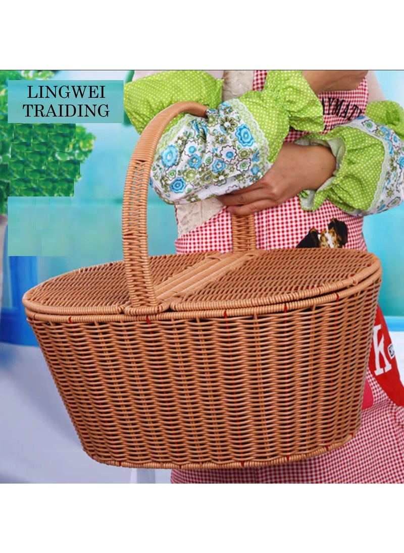 لينجوي سلة نزهة مصنوعة يدويًا من الخيزران مع مقبض بيضاوي مزدوج الغطاء من الخيزران للنزهة للتخييم والنزهات الخارجية وديكور المنزل وسلة تخزين منسوجة متينة  - Image 2