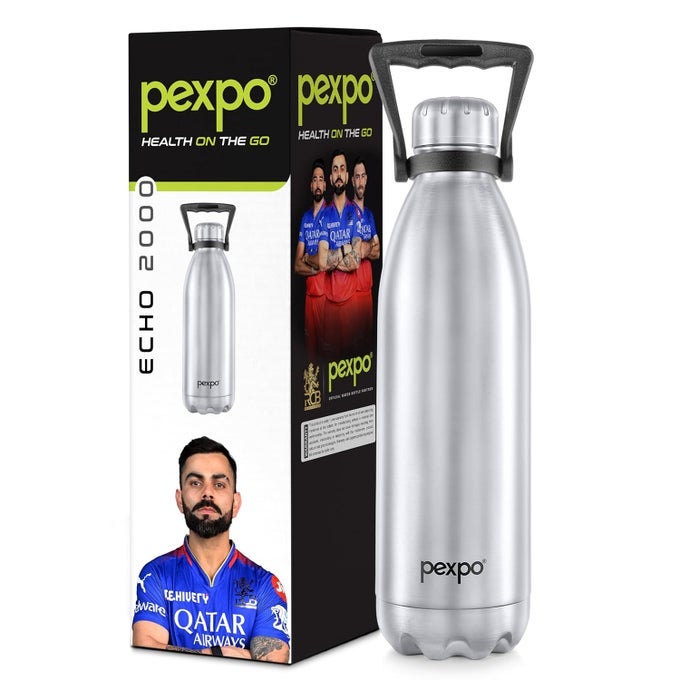 ECHO PRO ISI CERTIFIED 2000MLSILVER WATER BOTTLE FOR OFFICE VACUUM INSULATED FLASK WITH HANDLE THERMOSTEEL BOTTLE HOME OFFICE KITCHEN RCB EDITION