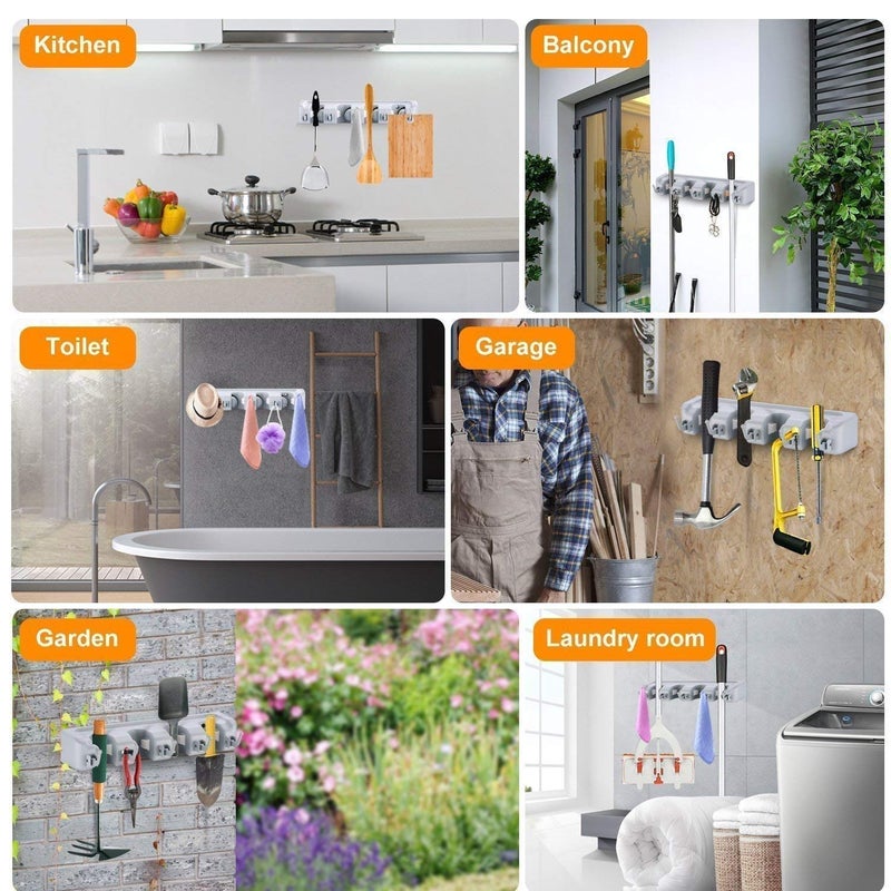 MSS ENTERPRISE Wall Mounted Mop and Broom Holder Upgraded with Effective and Strong Holding Capacity with 5 Slots and 6 Hooks for Kitchen Garden and Garage Storage for up to 11 Tools Standard Size - Image 5