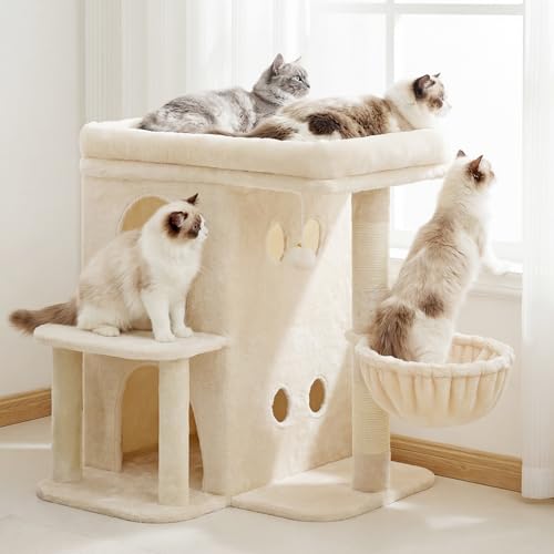 Heybly Cat Tree 256inch Cat Tower with Spacious Top Perch for Large Cats StairStyle Cat House Furniture with DualLayer Condos Sisal Scratching Posts Cozy Basket Pompom Beige HCT204SM - Image 1
