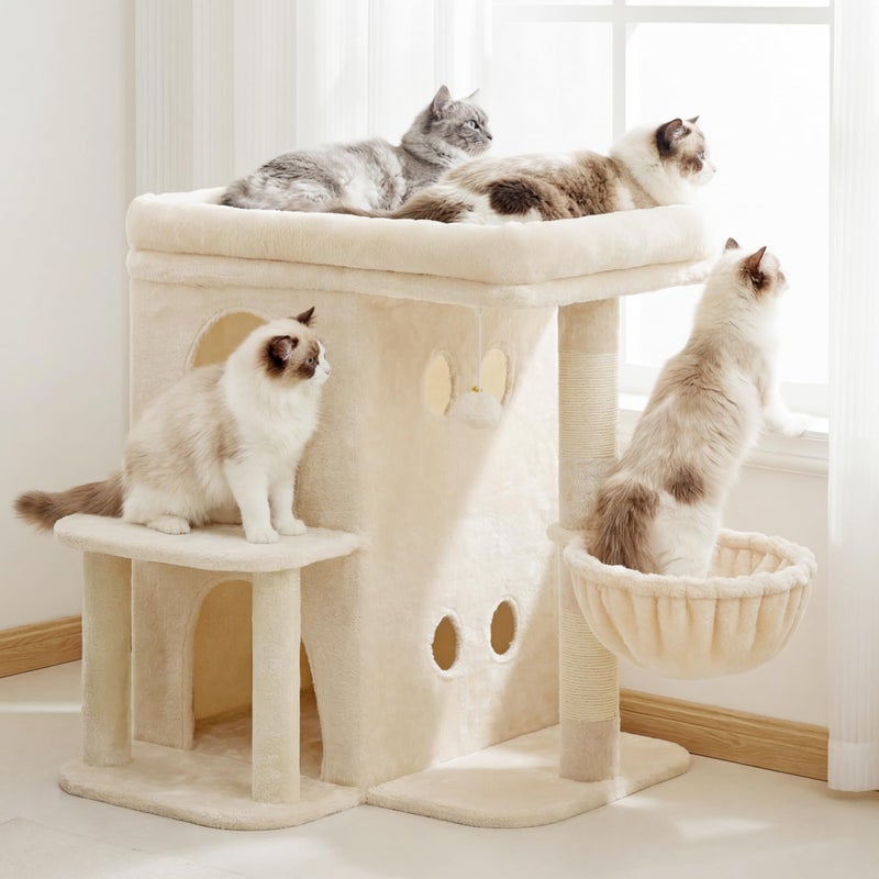 Heybly Cat Tree 256inch Cat Tower with Spacious Top Perch for Large Cats StairStyle Cat House Furniture with DualLayer Condos Sisal Scratching Posts Cozy Basket Pompom Beige HCT204SM - Image 2