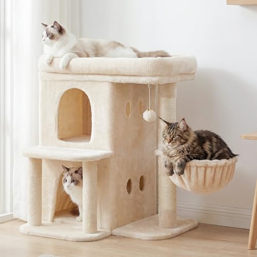 Heybly Cat Tree 256inch Cat Tower with Spacious Top Perch for Large Cats StairStyle Cat House Furniture with DualLayer Condos Sisal Scratching Posts Cozy Basket Pompom Beige HCT204SM - Image 3
