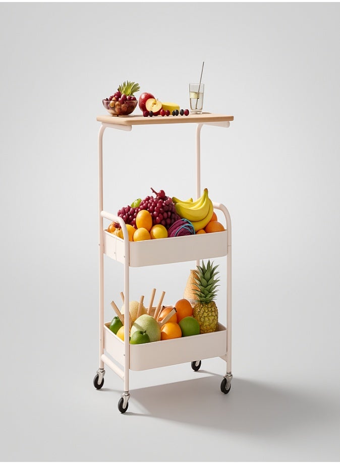 LIVVY 3-Tier Rolling Storage Cart with Wooden Tabletop – Heavy-Duty Metal Utility Organizer Trolley with Lockable Wheels, Waterproof & Rustproof Multi-Layer Shelf for Kitchen, Bedroom, Office, Bathroom & Living Room - Image 1
