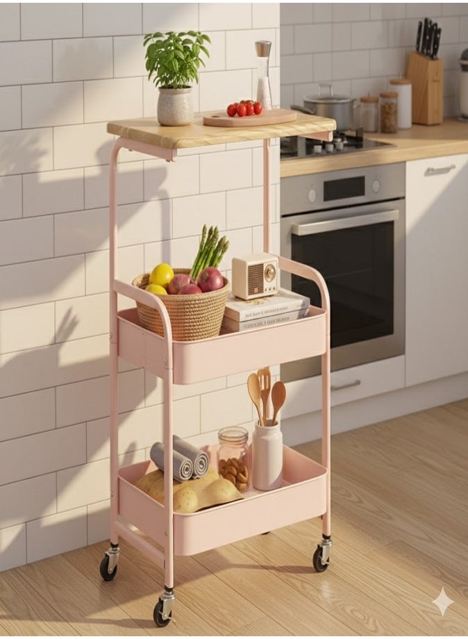LIVVY 3-Tier Rolling Storage Cart with Wooden Tabletop – Heavy-Duty Metal Utility Organizer Trolley with Lockable Wheels, Waterproof & Rustproof Multi-Layer Shelf for Kitchen, Bedroom, Office, Bathroom & Living Room - Image 4