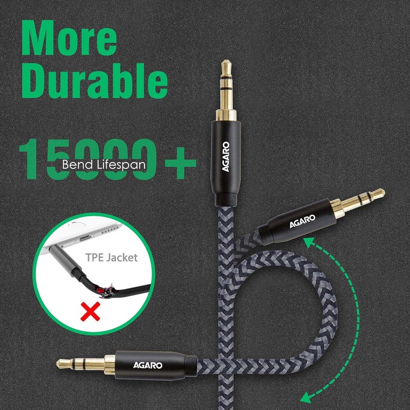 AGARO 3.5mm Audio Cable Nylon Braided 24K Gold Plated Aux Cord Male to Male Stereo Hi-Fi Sound for Headphone, Car, Home Stereos, Speakers & More 1M/ 100CM/ 3.2 Ft, Silver & Black, (33666) - Image 3