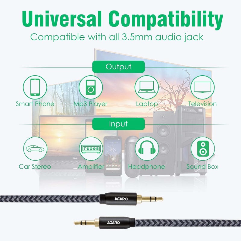 AGARO 3.5mm Audio Cable Nylon Braided 24K Gold Plated Aux Cord Male to Male Stereo Hi-Fi Sound for Headphone, Car, Home Stereos, Speakers & More 1M/ 100CM/ 3.2 Ft, Silver & Black, (33666) - Image 4
