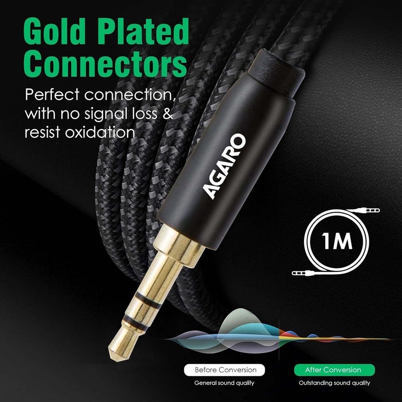 AGARO 3.5mm Audio Cable Nylon Braided 24K Gold Plated Aux Cord Male to Male Stereo Hi-Fi Sound for Headphone, Car, Home Stereos, Speakers & More 1M/ 100CM/ 3.2 Ft, Silver & Black, (33666) - Image 5