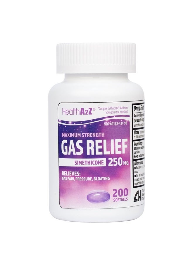 HealthA2Z ® Gas Relief Simethicone 250mg | Maximum Strength | Fast Gas Relief | Relieve Symptoms Naturally (200 Softgels (Pack of 1))  - Image 1