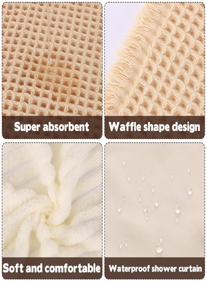 CODOHI 3 Pcs Boho Farmhouse Bathroom Shower Curtain Set with Waffle Bath Mat and Hand Towel Cream 71” x 71” Waterproof Neutral Shower Curtain Non Slip with 12 Hooks for Bathroom and Hotel Tub Decor - Image 5