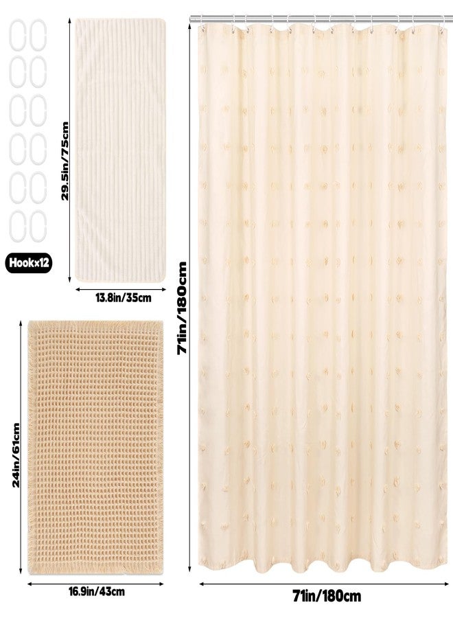 CODOHI 3 Pcs Boho Farmhouse Bathroom Shower Curtain Set with Waffle Bath Mat and Hand Towel Cream 71” x 71” Waterproof Neutral Shower Curtain Non Slip with 12 Hooks for Bathroom and Hotel Tub Decor - Image 2