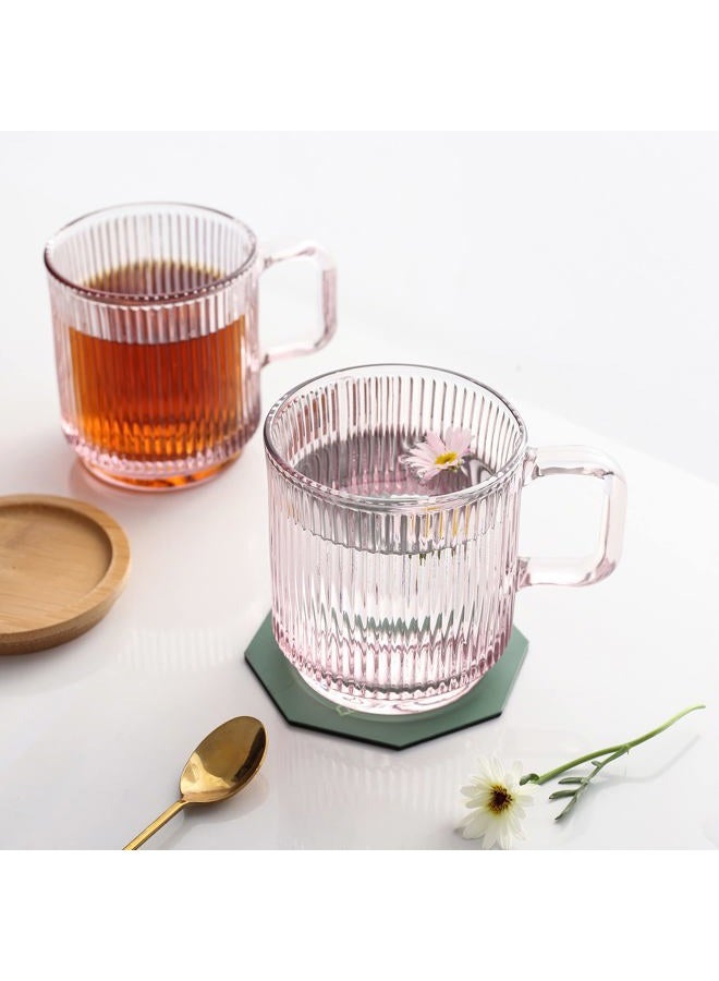 Lysenn Pink Glass Coffee Mug with Lid - Premium Classical Vertical Stripes Glass Tea Cup - for |Latte|Tea|Chocolate|Juice|Water| - Unleaded - Bamboo Lid - 12.5 Ounces - Image 3