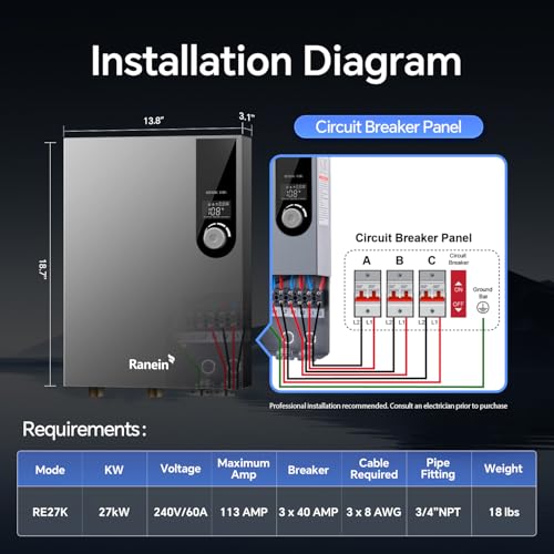 Ranein GEN II Ranein Tankless Water Heater Electric, 27kW 240V On Demand Instant Endless Water Heater with Temperature Display, Control Knob, Up to 6.5 GPM for Whole House Water - Image 2