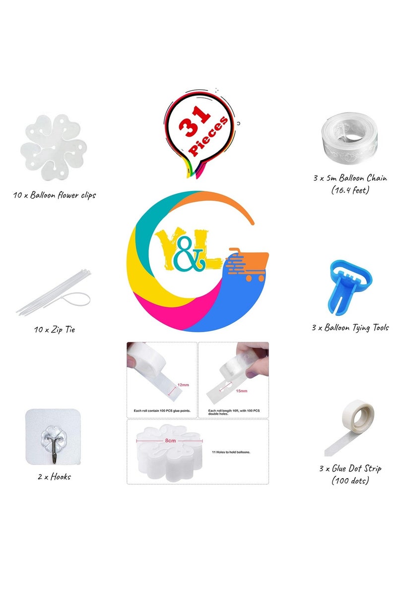 PAMEER Party Balloon Accessories, Balloon Flower Clips, Balloon Arch Chain, Zip Tie, Balloon Tying Tools, Hooks, Glue Dot Strips for Birthday Party Decor - Image 2