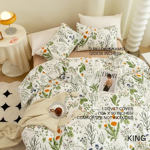 ECOCOTT 3 Pieces Floral Duvet Cover Sets King Size,100% Natural Cotton Floral Pattern 1 Duvet Cover with Zipper and 2 Pillowcases, Ultra Soft and Easy Care Breathable Cozy Simple Style Bedding Set - Image 2