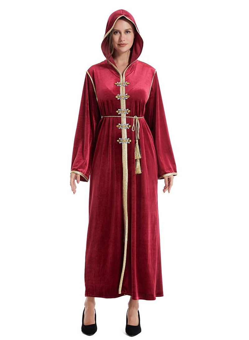 Loquat Lady's Fashion Hooded Long Dress Long Sleeve Abaya Thobe Robe Wine Red  - Image 1