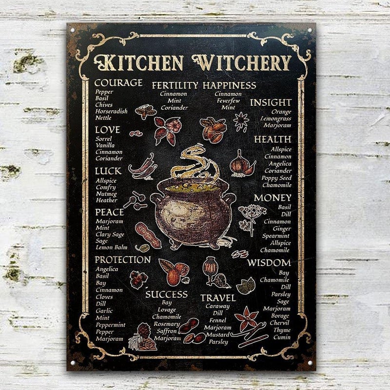 DZQUY Witch Kitchen Witchery Metal Sign Vintage Rust Styled House Decor Witches Magic Knowledge Kitchen Blessing Incense Artwork Tin Signs For Bar Black 8 x 12 Inch