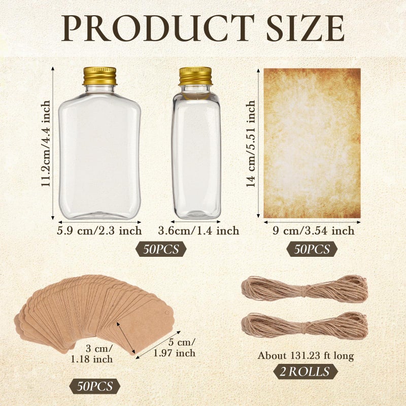 Maxdot 50 Pack 50ml Message Bottles Kit Vintage Design Paper Plastic Transparent Bottles Brown Kraft Card Twines for Invitations Birthday Wedding DIY Crafts Gift Party Favors (Classic) - Image 2