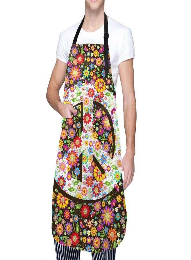 Abucaky Hippie Peace Sign Waterproof Apron For Adults Colorful Flowers Chef Bib With Roomy Pockets For Kitchen Bbq Crafting Drawing - Image 2