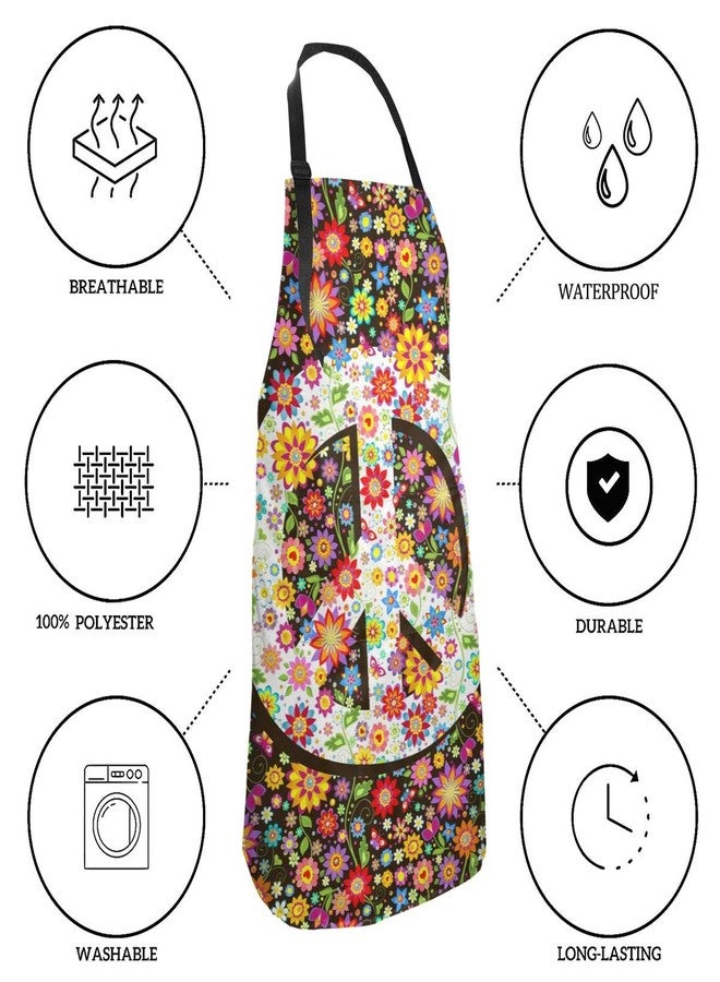 Abucaky Hippie Peace Sign Waterproof Apron For Adults Colorful Flowers Chef Bib With Roomy Pockets For Kitchen Bbq Crafting Drawing - Image 5