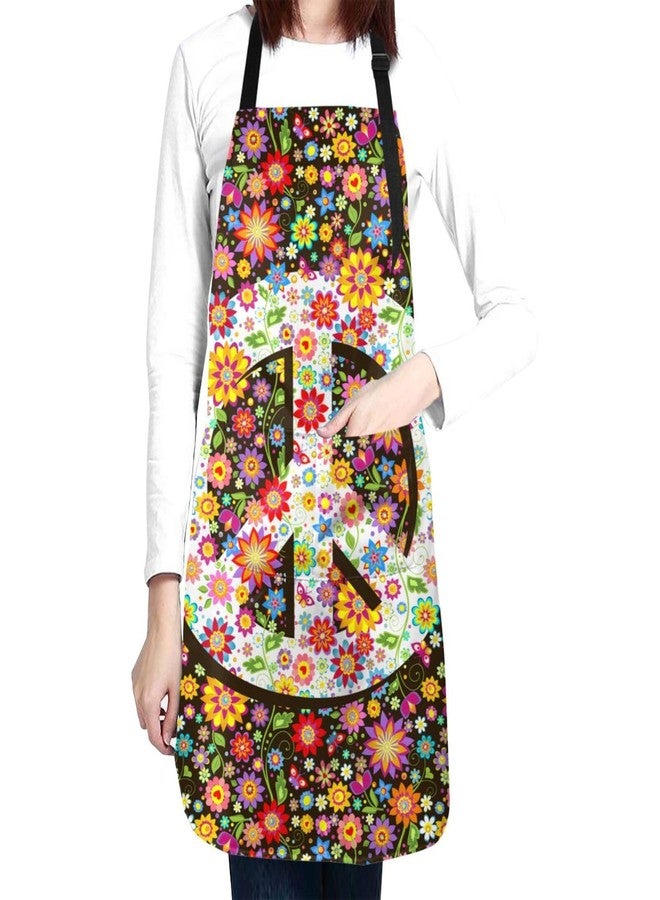 Abucaky Hippie Peace Sign Waterproof Apron For Adults Colorful Flowers Chef Bib With Roomy Pockets For Kitchen Bbq Crafting Drawing - Image 1