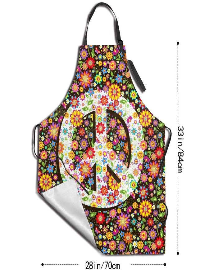 Abucaky Hippie Peace Sign Waterproof Apron For Adults Colorful Flowers Chef Bib With Roomy Pockets For Kitchen Bbq Crafting Drawing - Image 4