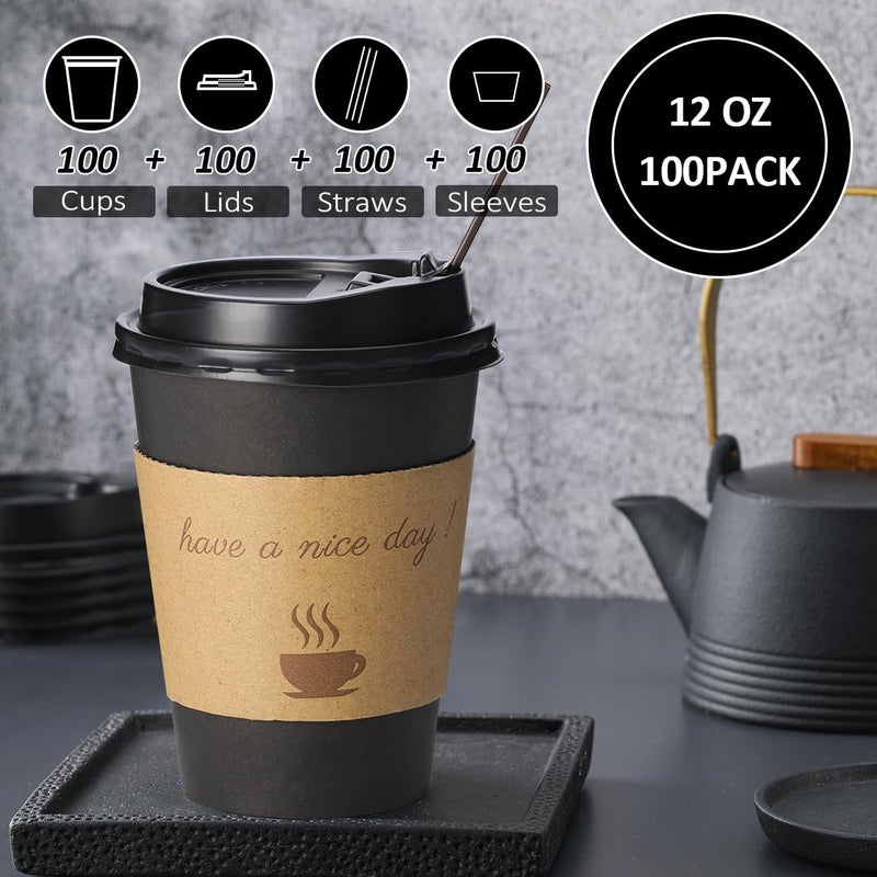 BYSNOW 100 pack 12 oz Thickened Coffee Cups with Lids, Scald Resistant Hot Cups with Sleeve and Straw, To Go Coffee Cups for Home, Office, Cafes and Party (Black 12oz) - Image 4