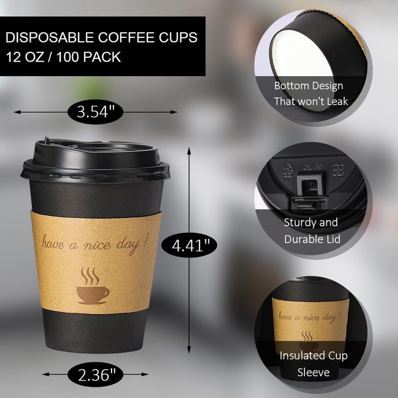 BYSNOW 100 pack 12 oz Thickened Coffee Cups with Lids, Scald Resistant Hot Cups with Sleeve and Straw, To Go Coffee Cups for Home, Office, Cafes and Party (Black 12oz) - Image 2