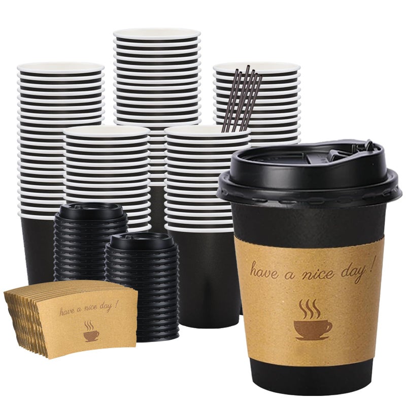 BYSNOW 100 pack 12 oz Thickened Coffee Cups with Lids, Scald Resistant Hot Cups with Sleeve and Straw, To Go Coffee Cups for Home, Office, Cafes and Party (Black 12oz) - Image 1