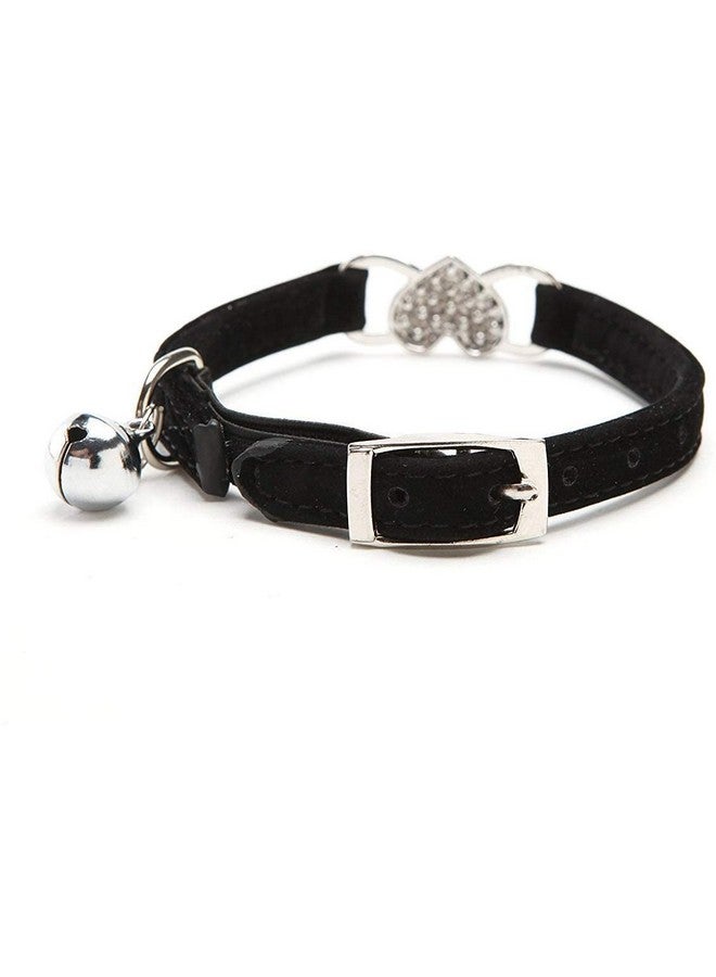 CHUKCHI Pink Soft Velvet Safe Cat Adjustable Collar with Crystal Heart Charm and Bells 8-11 Inches(Black+Pink) - Image 3