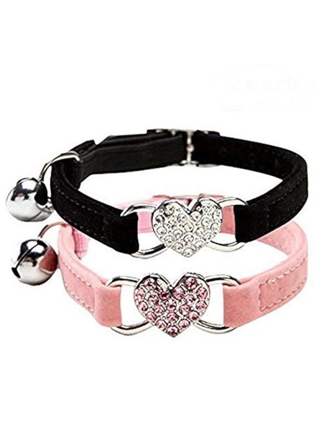 CHUKCHI Pink Soft Velvet Safe Cat Adjustable Collar with Crystal Heart Charm and Bells 8-11 Inches(Black+Pink) - Image 1