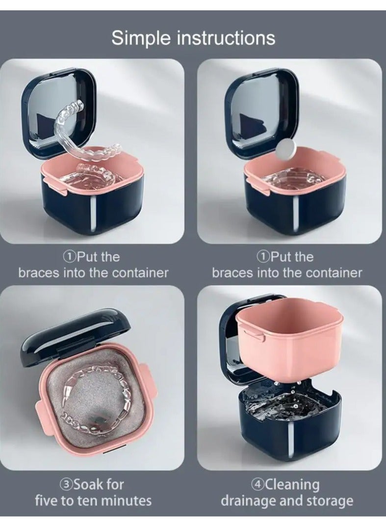 SOLARAE Retainer Case Kit with Strainer, Large Mouth Guard Case with Lid Hinge, Storage Soak Container, Denture Case for Cleaning, Orthodontic Dental Retainer Box for Household Office Travel (Blue) - Image 3