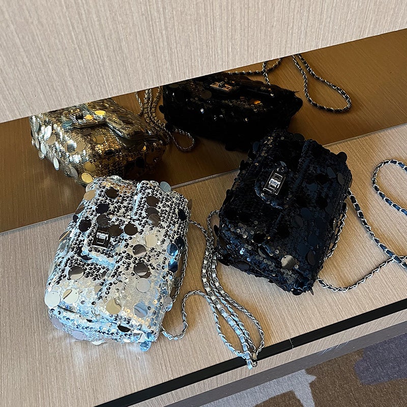 Fashionable Girl Sequined Small Square Bag Texture Chain Shoulder Crossbody Bag Commuter Bag Women'S Bag - Image 5