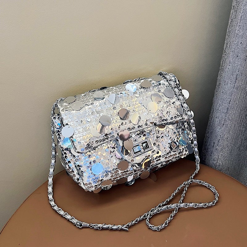 Fashionable Girl Sequined Small Square Bag Texture Chain Shoulder Crossbody Bag Commuter Bag Women'S Bag - Image 4