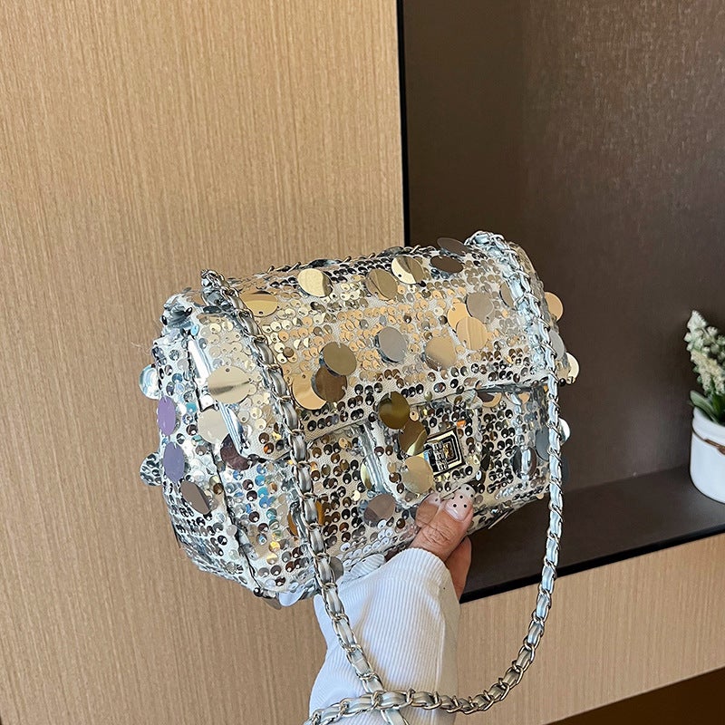 Fashionable Girl Sequined Small Square Bag Texture Chain Shoulder Crossbody Bag Commuter Bag Women'S Bag - Image 2