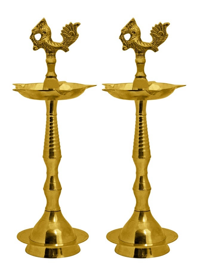 SATVIK STORE SATVIK 11.5 بوصة 2 قطعة من النحاس النقي الطاووس كيرالا ساماي بوجا ديا النحاس التقليدي Kutthu Vilakku مصباح الزيت بوجا 1 خطوة دييا تصميم منقوش قابل للتعديل ديباك بوجا الهندي هدية العودة لمنزل جديد - Image 2