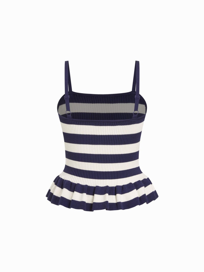 CIDER Striped Crop Tank Tops for Women Sleeveless Square Neck Ruffle Knit Peplum Tops Summer Vacation Outfits Navy Blue - Image 5
