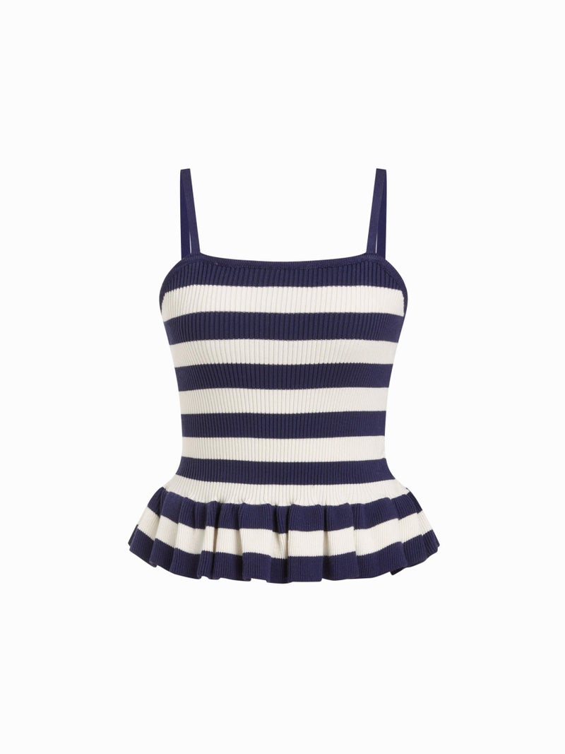 CIDER Striped Crop Tank Tops for Women Sleeveless Square Neck Ruffle Knit Peplum Tops Summer Vacation Outfits Navy Blue - Image 1
