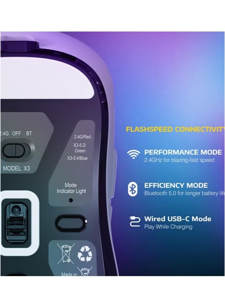 ماوس ألعاب لاسلكي خفيف الوزن X3 مع وضع ثلاثي 2.4 جيجاهرتز/USB-C سلكي/بلوتوث، بدقة تصل إلى 26 ألف نقطة في البوصة، ومستشعر بصري PAW3395، و5 أزرار قابلة للبرمجة لأجهزة الكمبيوتر الشخصية/الكمبيوتر المحمول/ويندوز/ماك  - Image 4