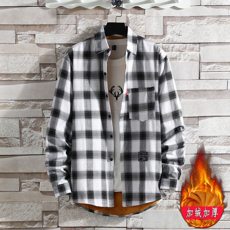 2023 fleece-lined thick thermal shirt mens plaid casual shirt brushed youth Korean-style slim-fit fleece shirt 8871 White [Velvet]]