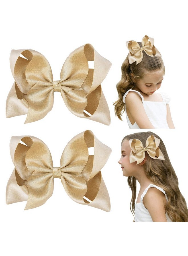 DEEKA DEEKA 2 PCS 6" Big Hand-made Shiny Glitter Ribbon Hair Bows Alligator Clips Hair Accessories for Little Teen Toddler Girls Kids Set of 2 -Light Gold - Image 1