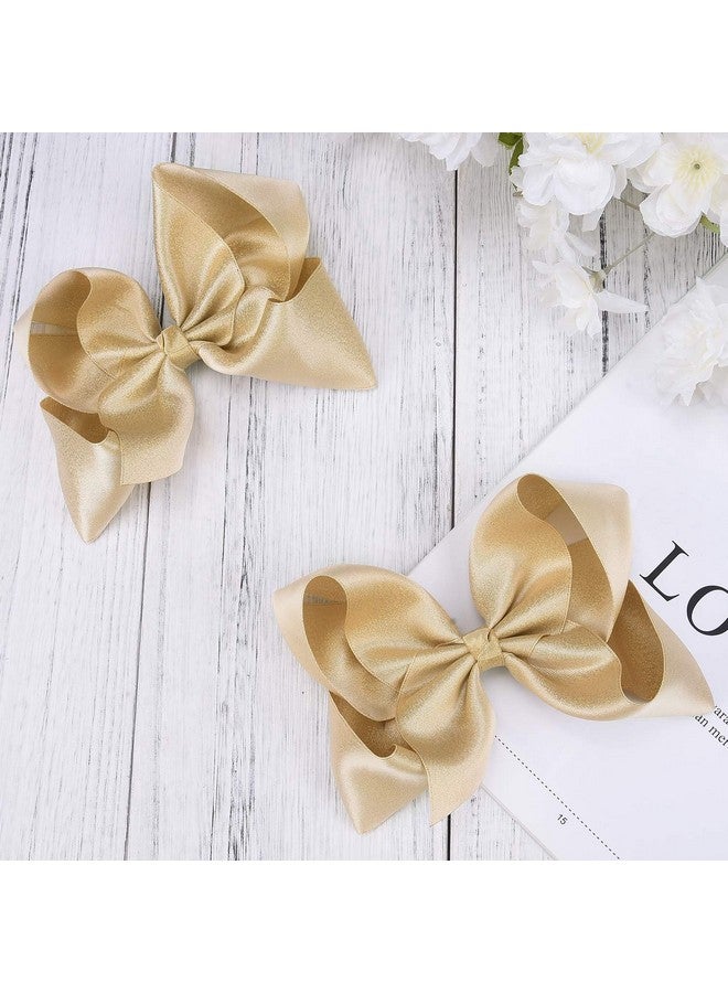 DEEKA DEEKA 2 PCS 6" Big Hand-made Shiny Glitter Ribbon Hair Bows Alligator Clips Hair Accessories for Little Teen Toddler Girls Kids Set of 2 -Light Gold - Image 5