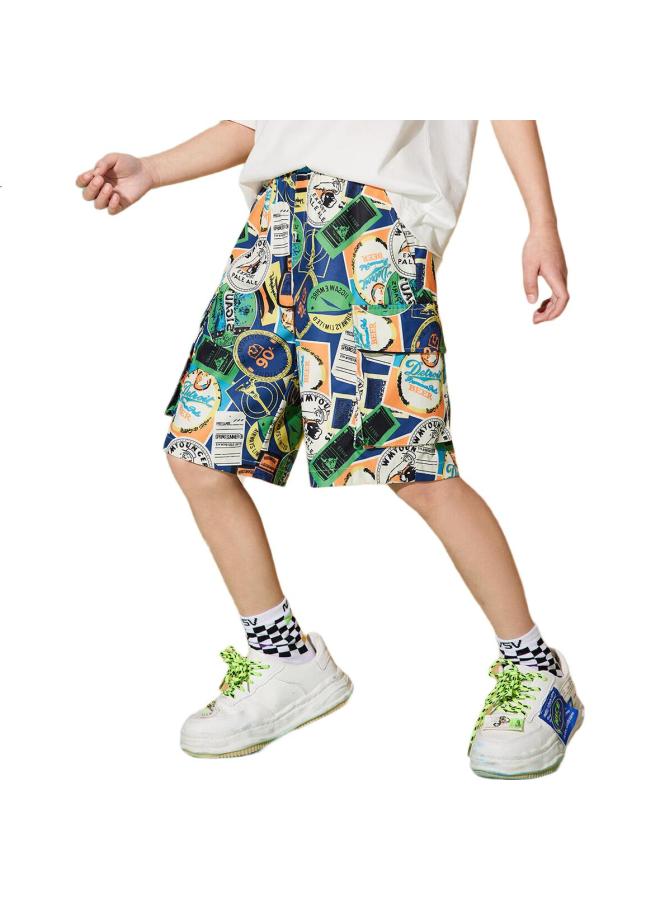 Ask Junior Boys' Shorts, Summer Thin Style, Children'S Retro All-Over Print Cargo Shorts, Beach Style, Floral Pattern, Size 120 - Image 3