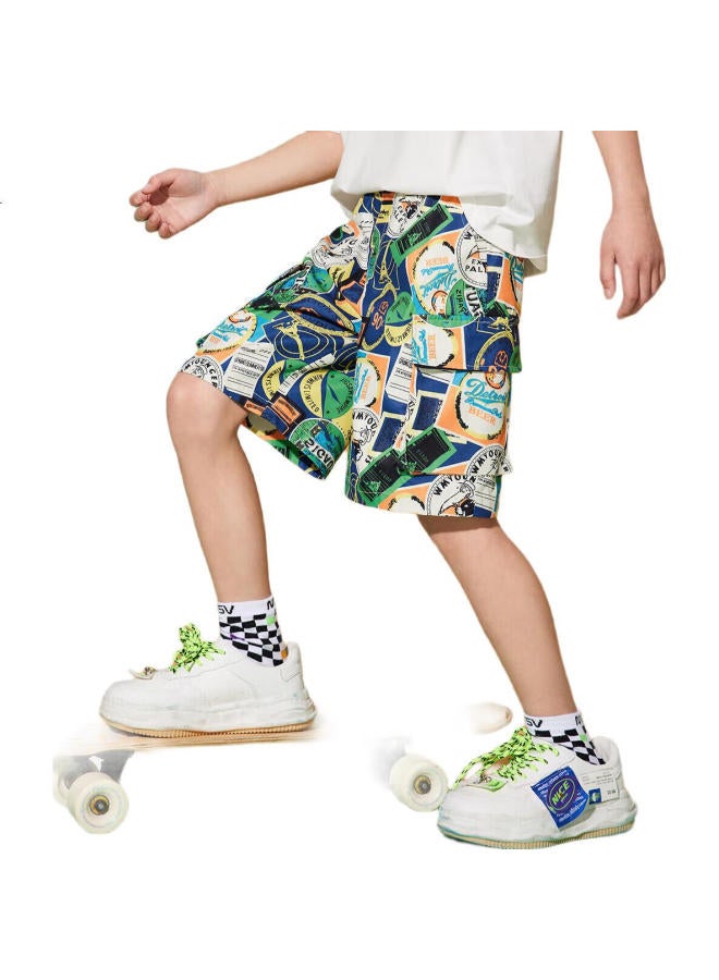 Ask Junior Boys' Shorts, Summer Thin Style, Children'S Retro All-Over Print Cargo Shorts, Beach Style, Floral Pattern, Size 120 - Image 1