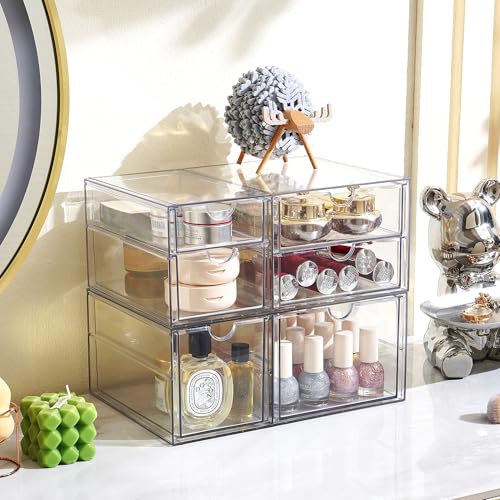 Prsildan Acrylic Drawer Makeup Organizer with 6 Drawers (Not for Baby Bottle), Set of 2 Office Desk Organizers Accessories, Clear Stackable Storage Drawers for Vanity, Craft (Largest Drawer 4" Tall) - Image 4